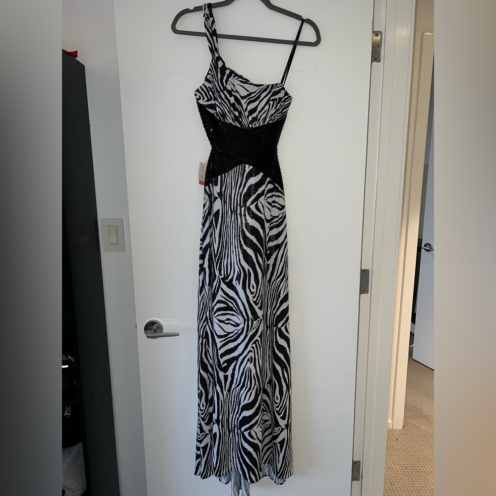 Gorgeous One Shoulder Zebra Print Black and White Sequin Dress / Gown